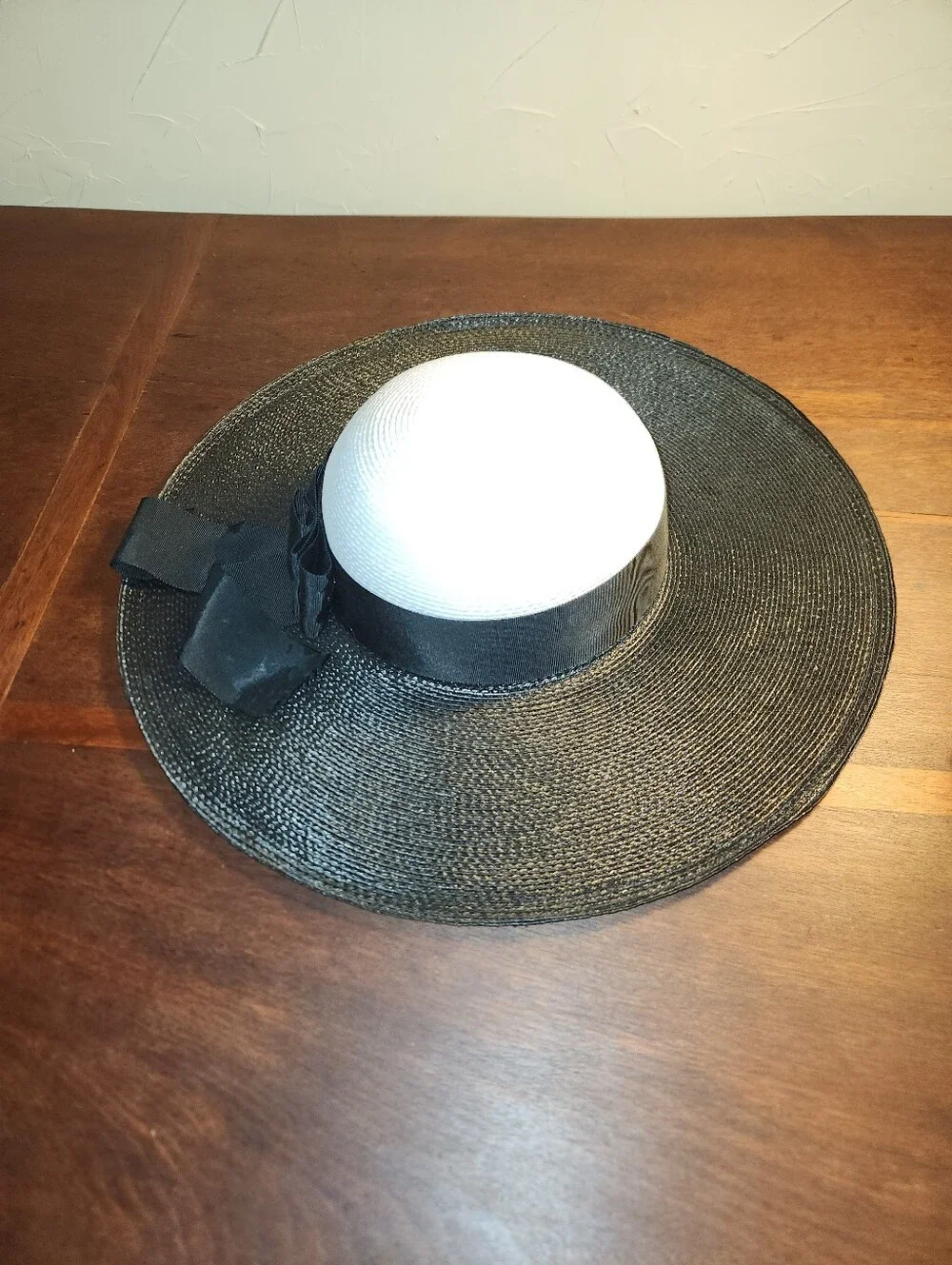 Elegant Black and White Wide-Brim Straw Boater Hat with Ribbon